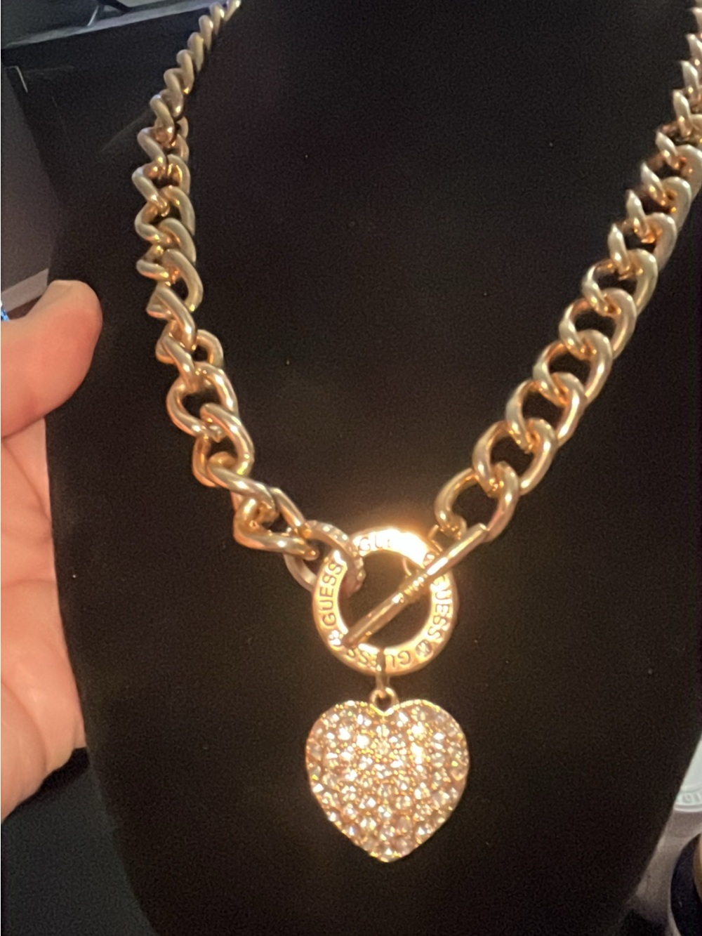 Guess Gold-Tone Pave Heart Toggle Necklace